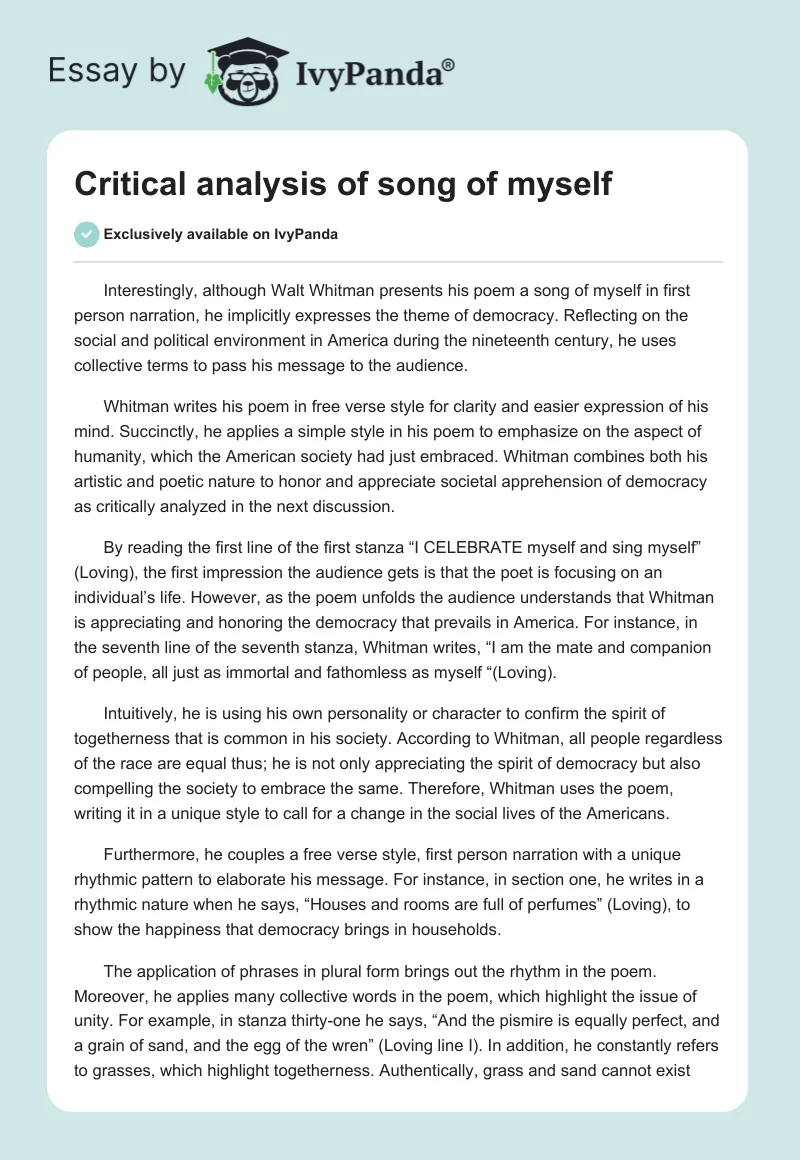 Critical analysis of song of myself. Page 1