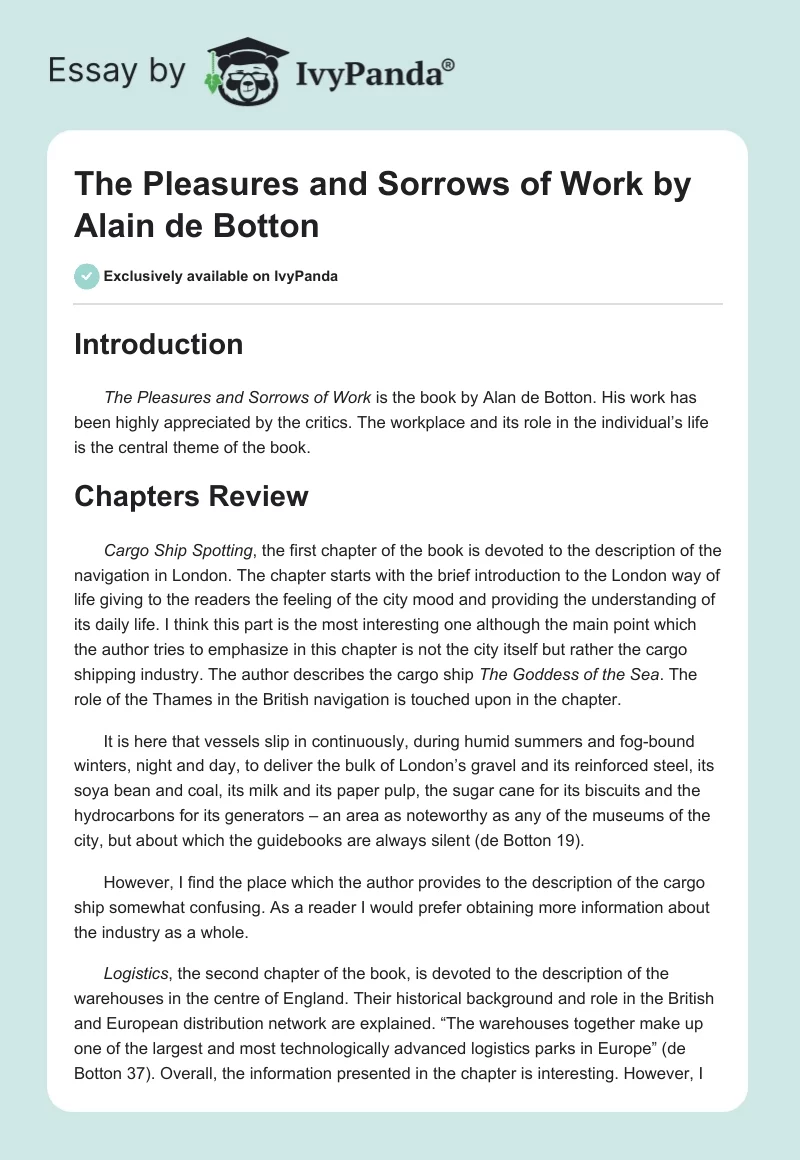 "The Pleasures and Sorrows of Work" by Alain de Botton. Page 1