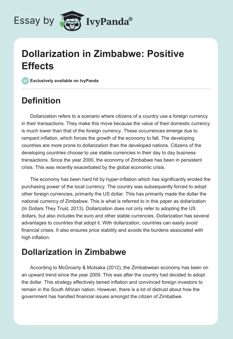 Dollarization in Zimbabwe: Positive Effects. Page 1