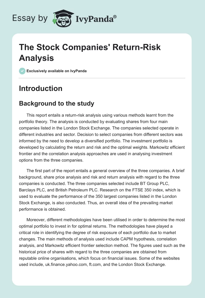 The Stock Companies' Return-Risk Analysis. Page 1