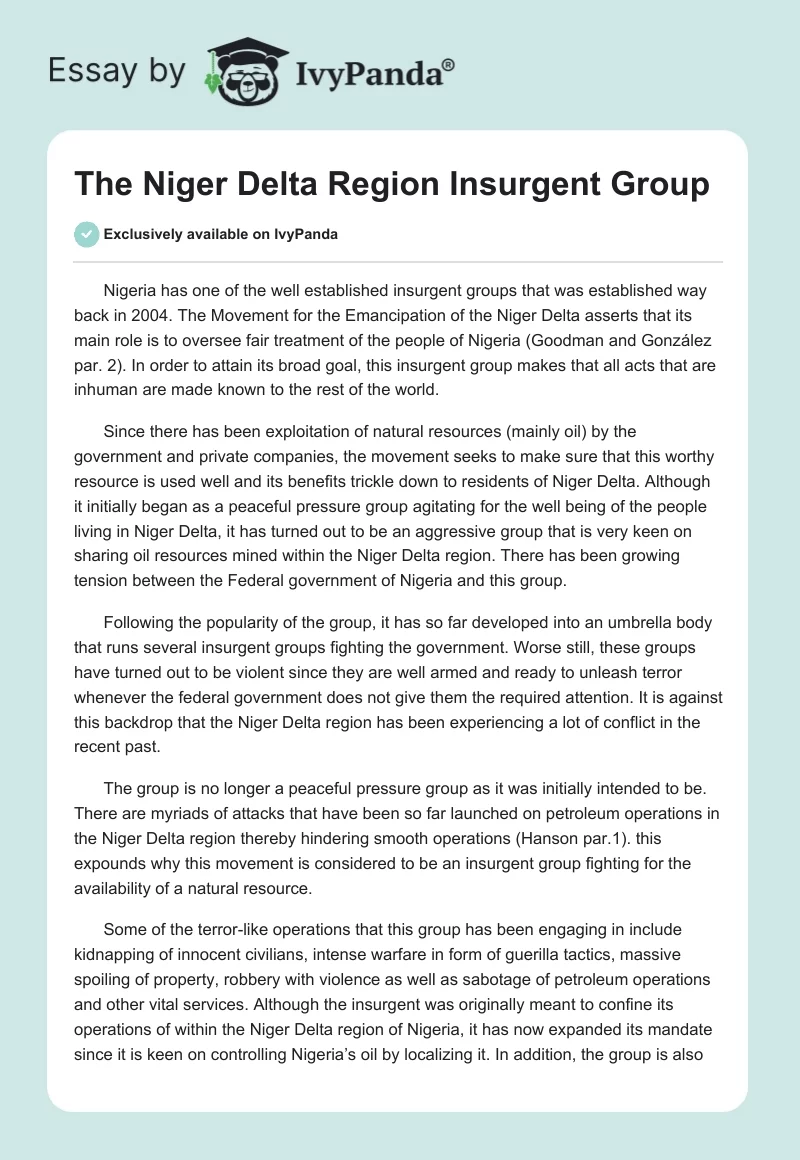 The Niger Delta Region Insurgent Group. Page 1