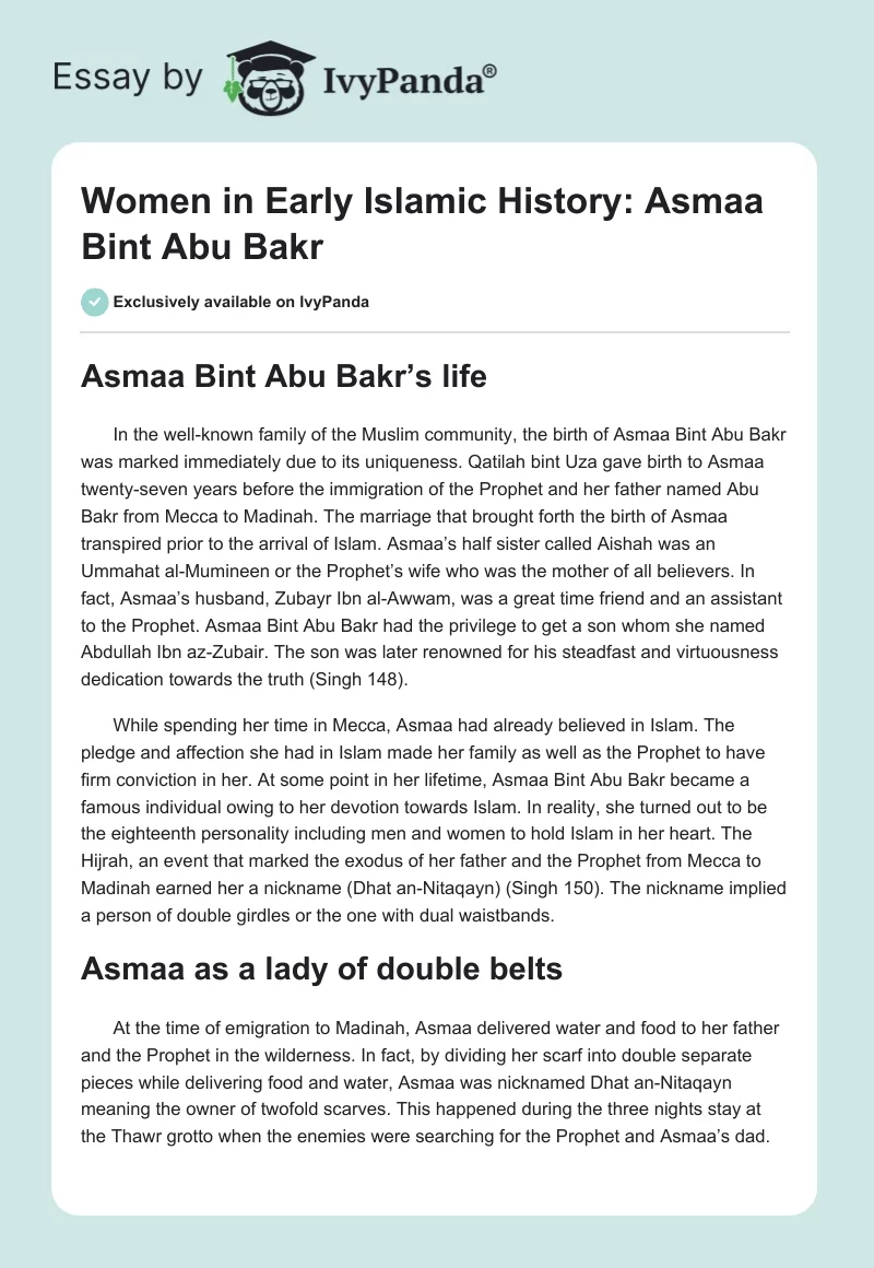 Women in Early Islamic History: Asmaa Bint Abu Bakr. Page 1