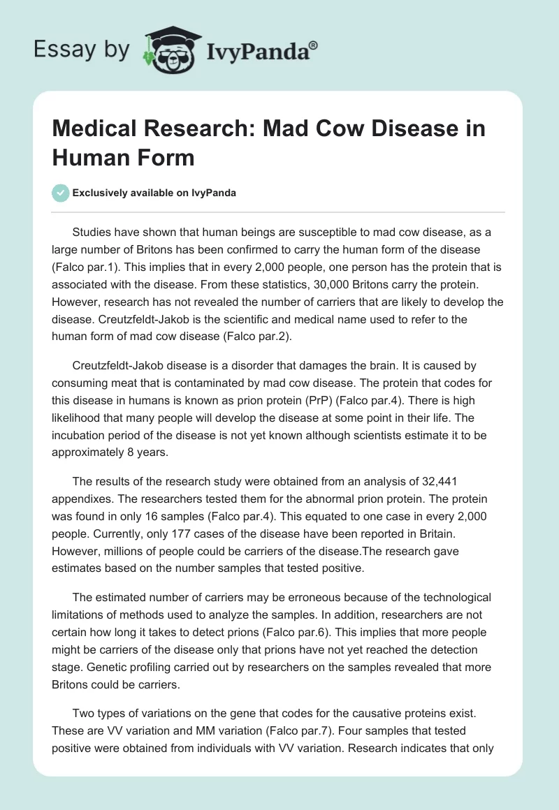 Medical Research: Mad Cow Disease in Human Form. Page 1