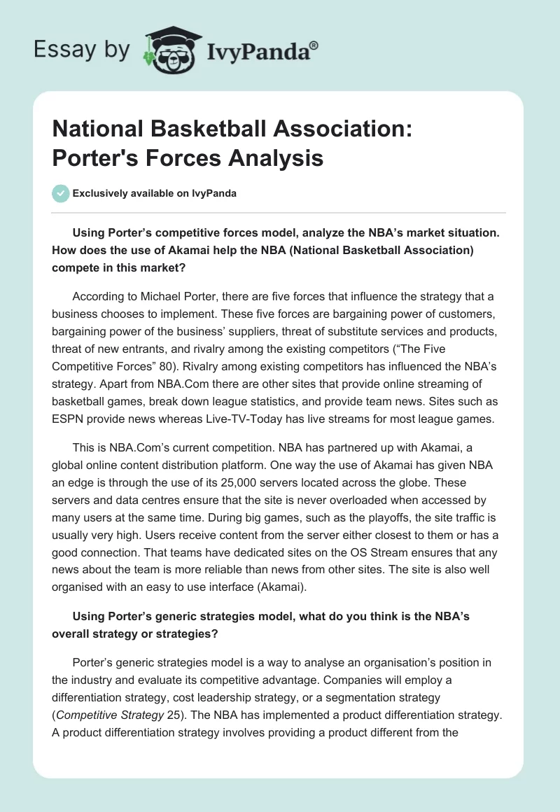 National Basketball Association: Porter's Forces Analysis. Page 1