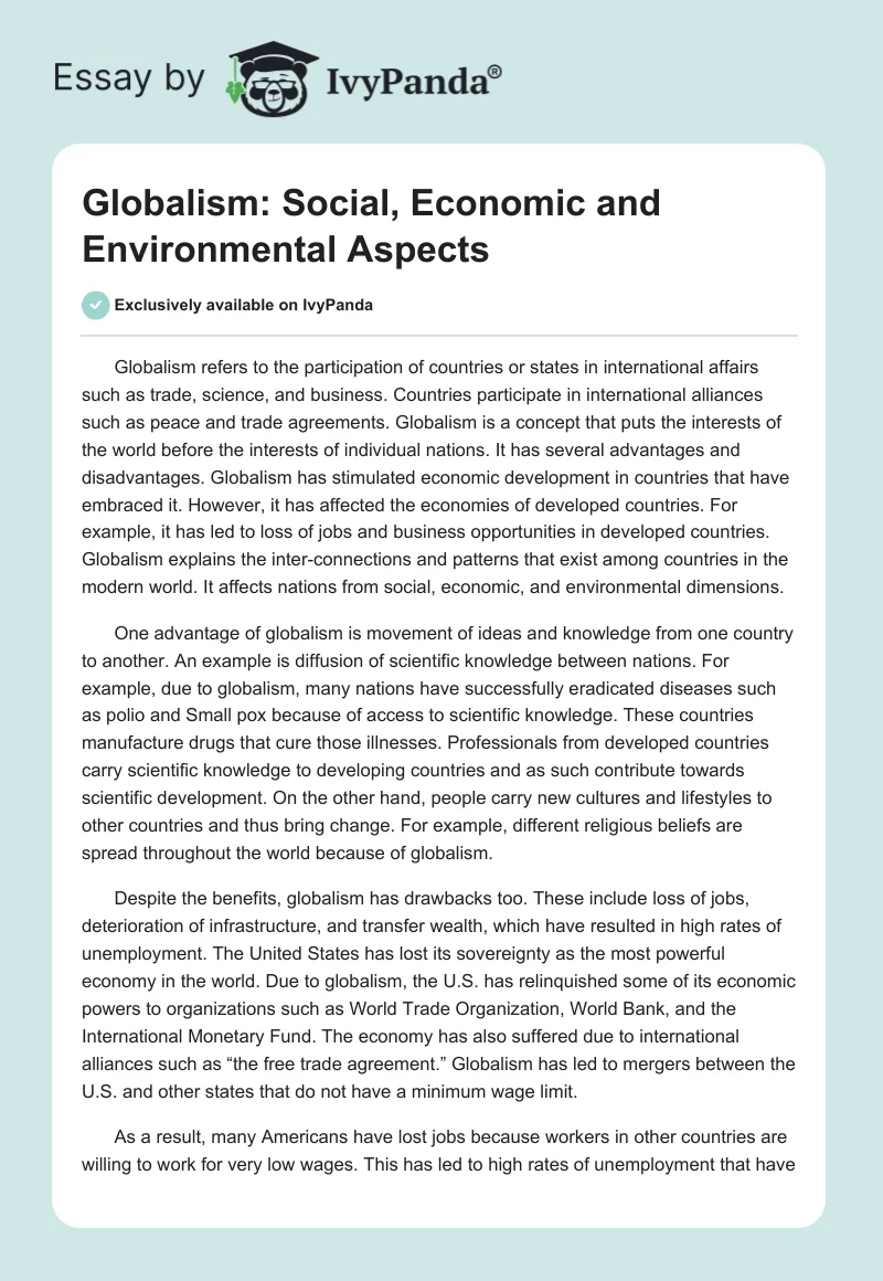 Globalism: Social, Economic and Environmental Aspects. Page 1