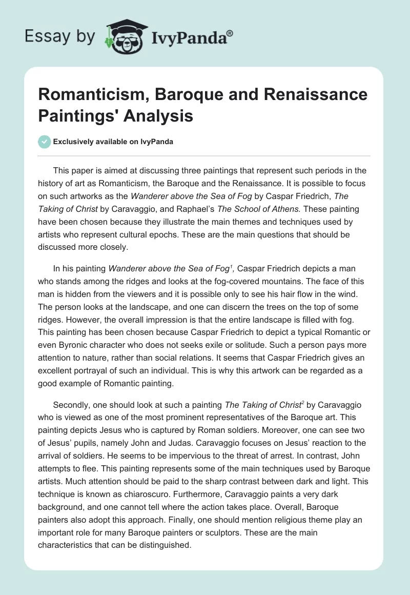 Romanticism, Baroque and Renaissance Paintings' Analysis. Page 1