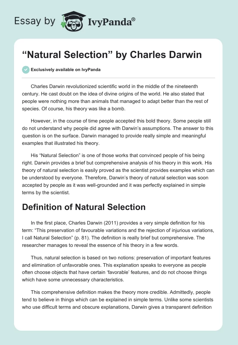 “Natural Selection” by Charles Darwin. Page 1
