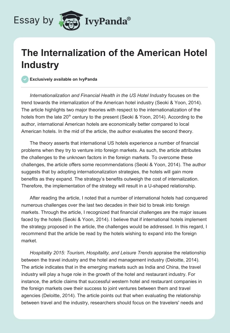The Internalization of the American Hotel Industry. Page 1