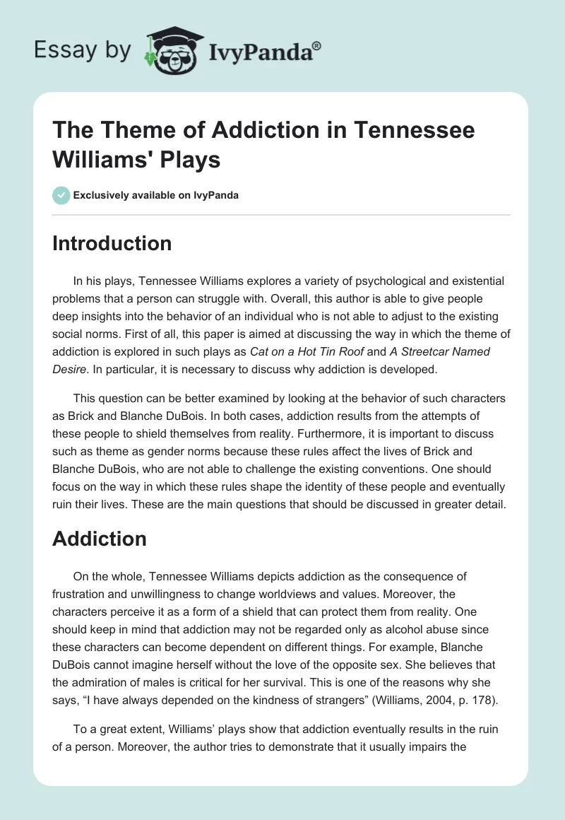 The Theme of Addiction in Tennessee Williams' Plays. Page 1
