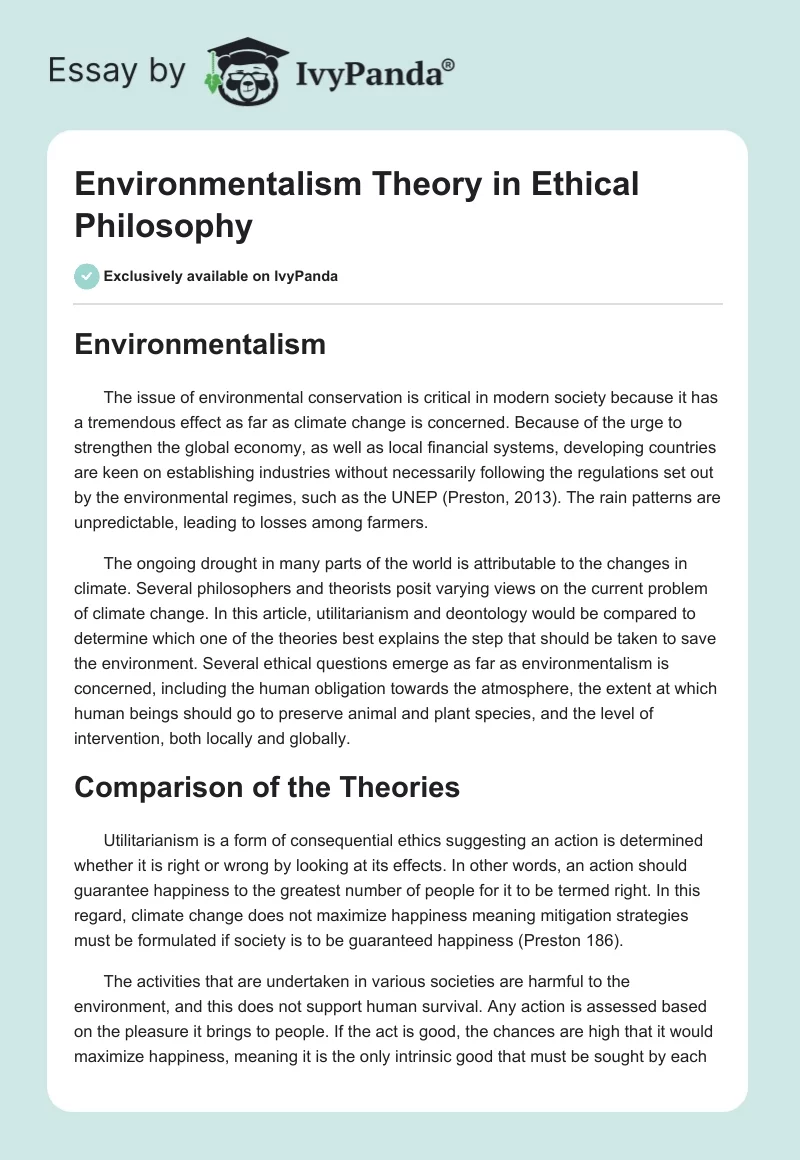Environmentalism Theory in Ethical Philosophy. Page 1