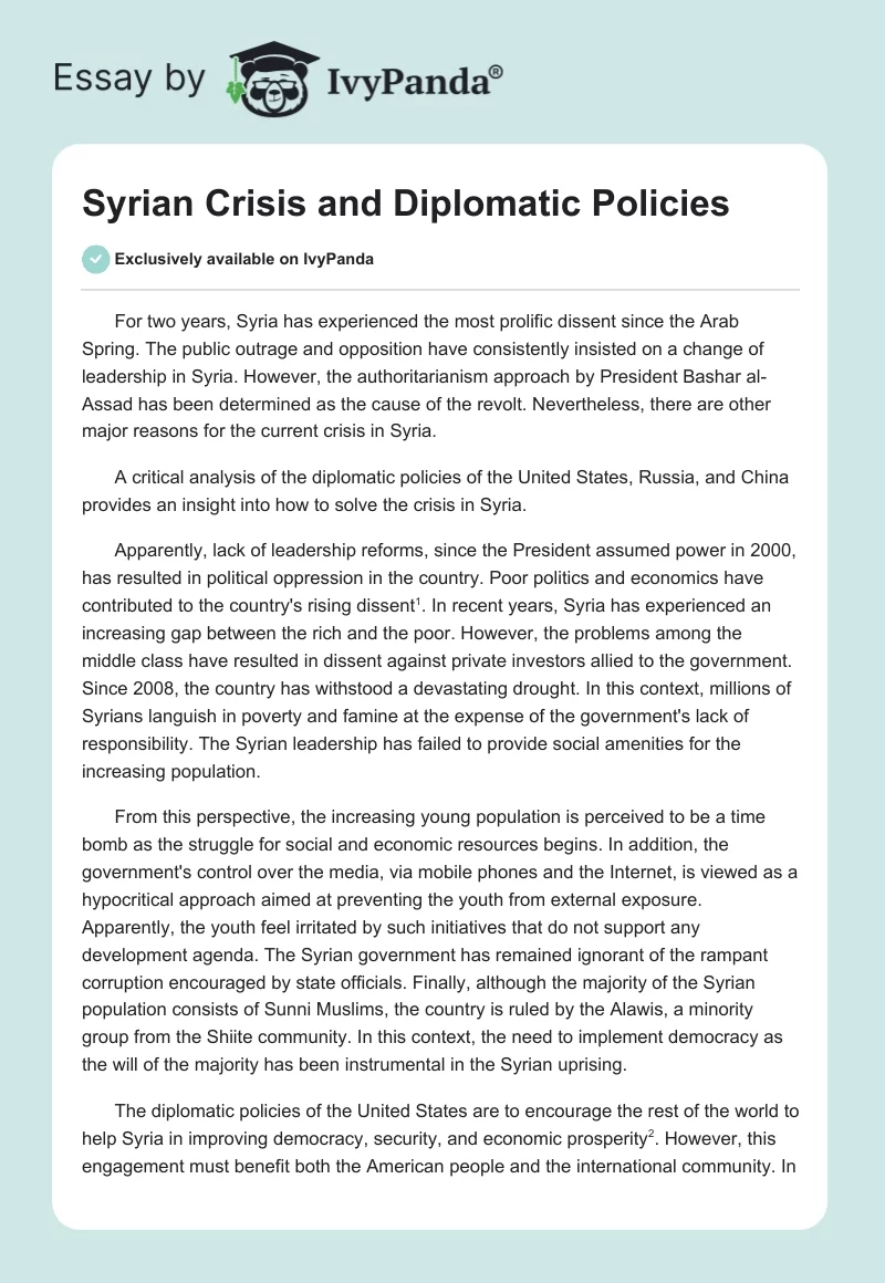 Syrian Crisis and Diplomatic Policies. Page 1