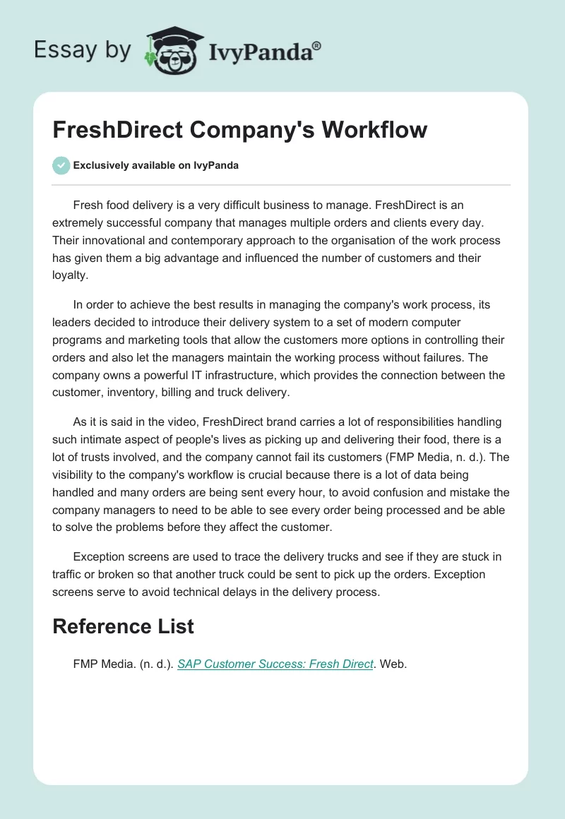 FreshDirect Company's Workflow. Page 1