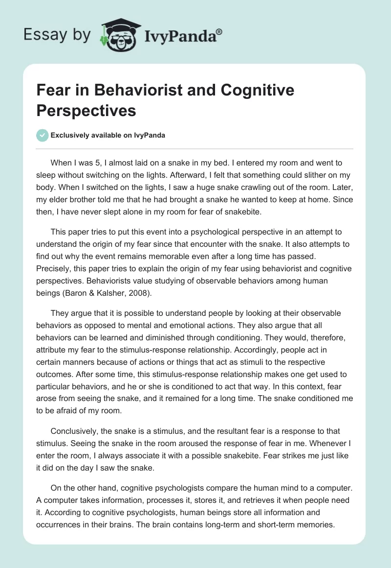 Fear in Behaviorist and Cognitive Perspectives. Page 1