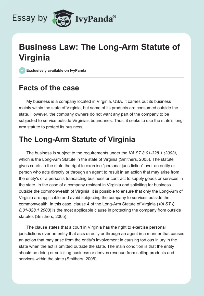 Business Law: The Long-Arm Statute of Virginia. Page 1