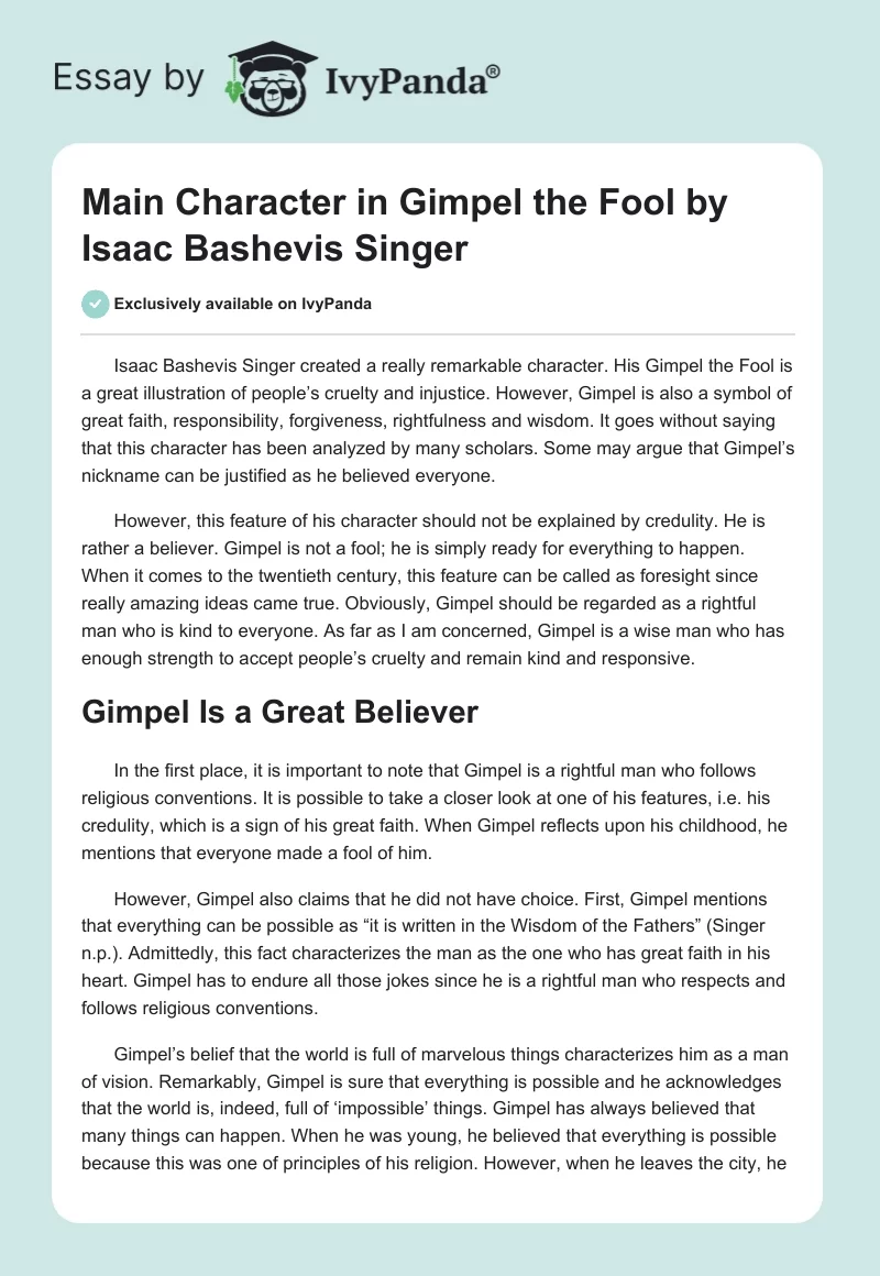 Main Character in "Gimpel the Fool" by Isaac Bashevis Singer. Page 1