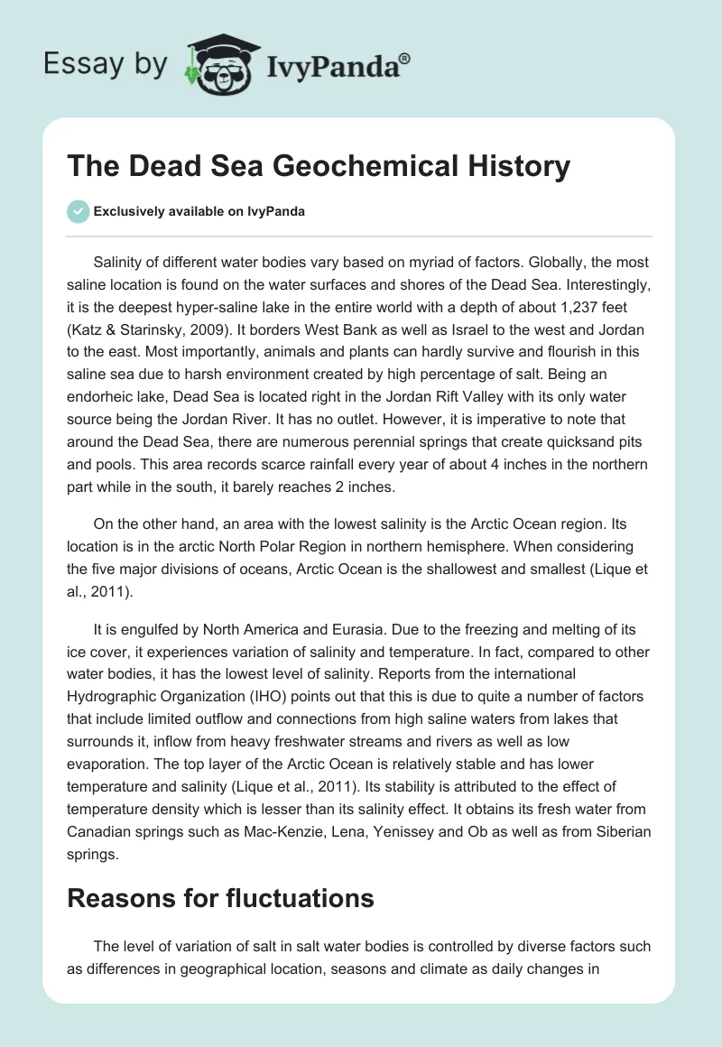 The Dead Sea Geochemical History. Page 1