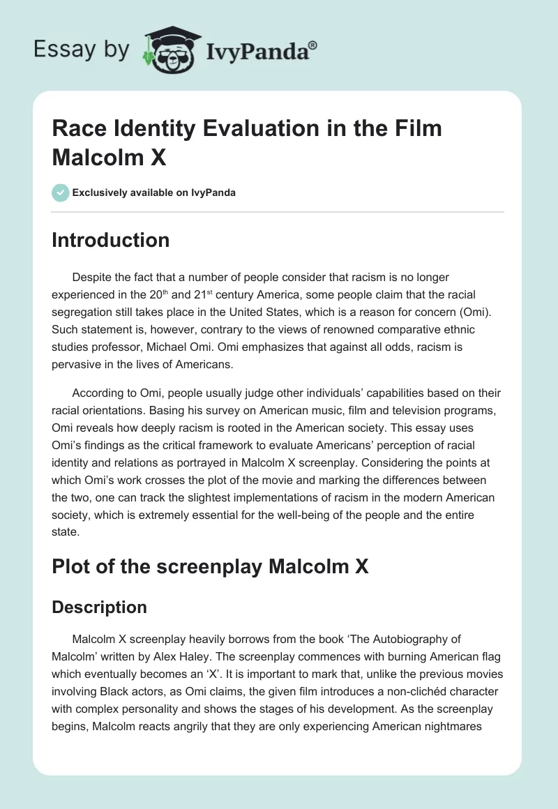 Race Identity Evaluation in the Film "Malcolm X". Page 1