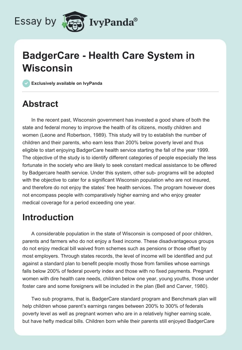 BadgerCare - Health Care System in Wisconsin. Page 1