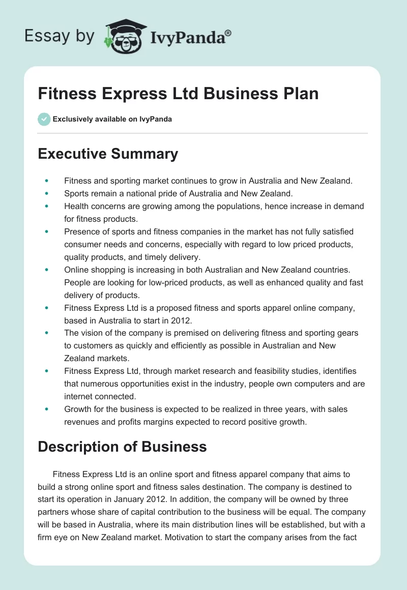 Fitness Express Ltd Business Plan. Page 1