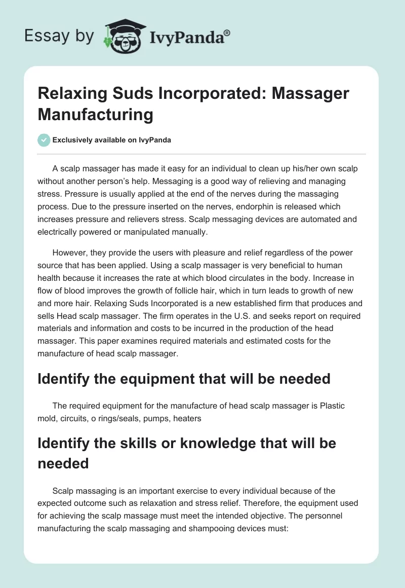Relaxing Suds Incorporated: Massager Manufacturing. Page 1