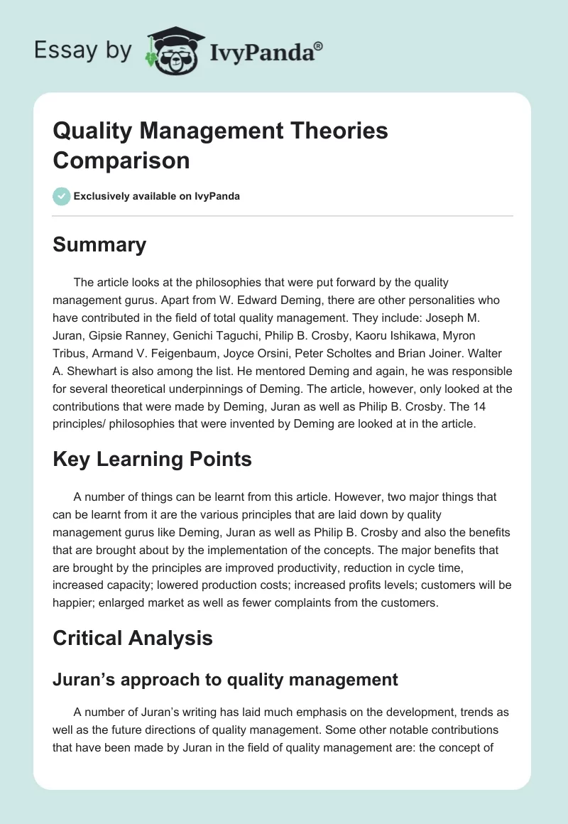Quality Management Theories Comparison. Page 1