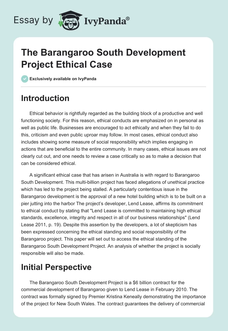 The Barangaroo South Development Project Ethical Case. Page 1