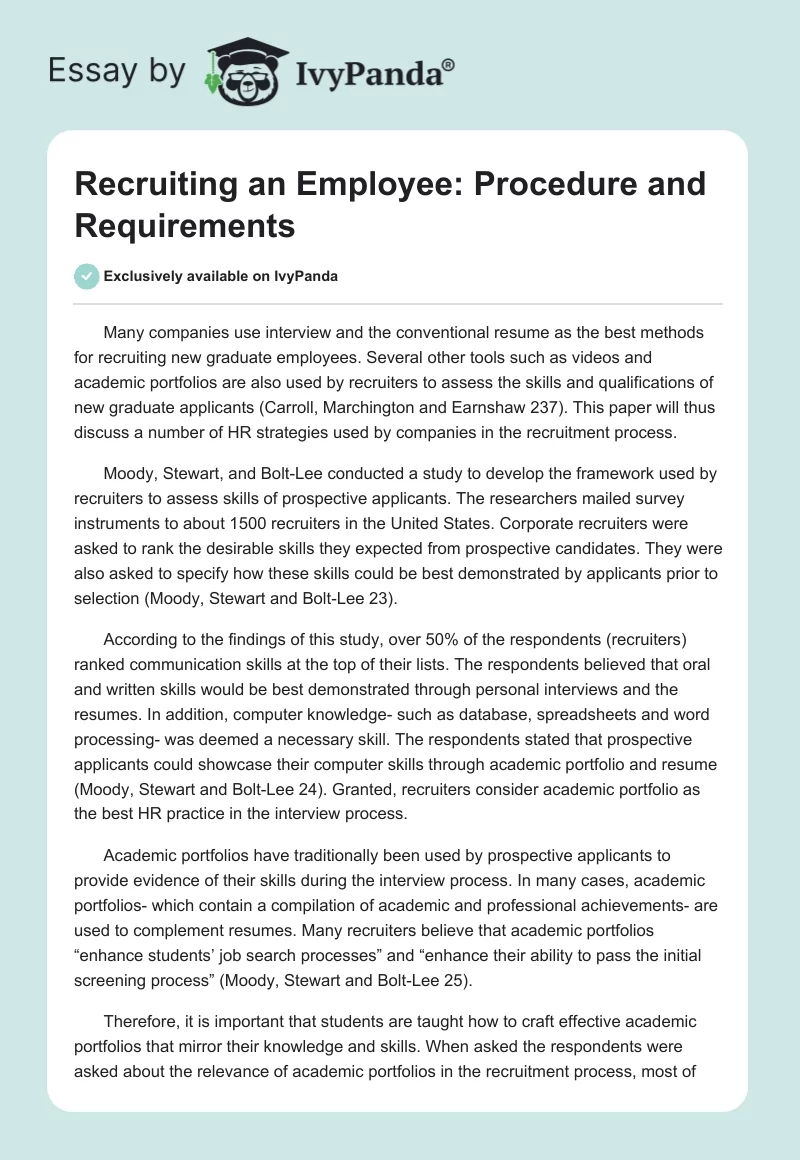 Recruiting an Employee: Procedure and Requirements. Page 1