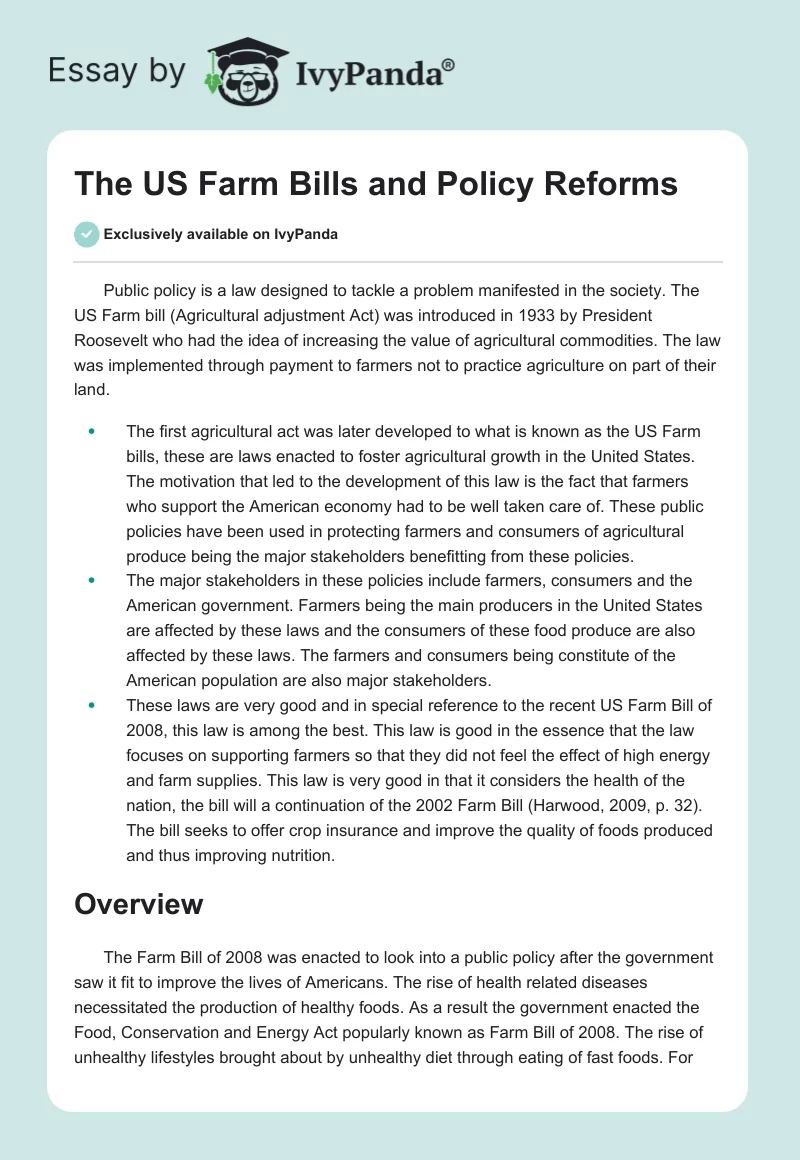 The US Farm Bills and Policy Reforms. Page 1