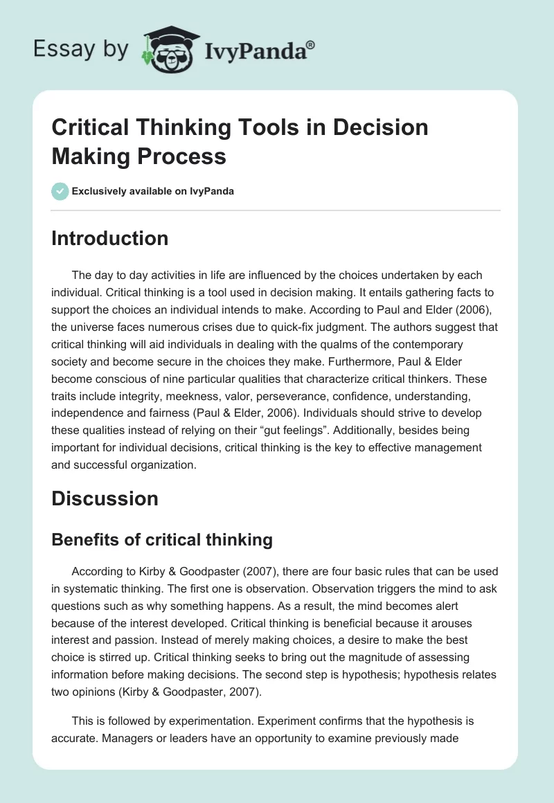Critical Thinking Tools in Decision Making Process. Page 1