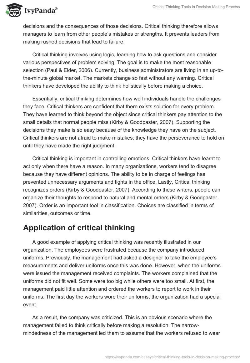 Critical Thinking Tools in Decision Making Process. Page 2