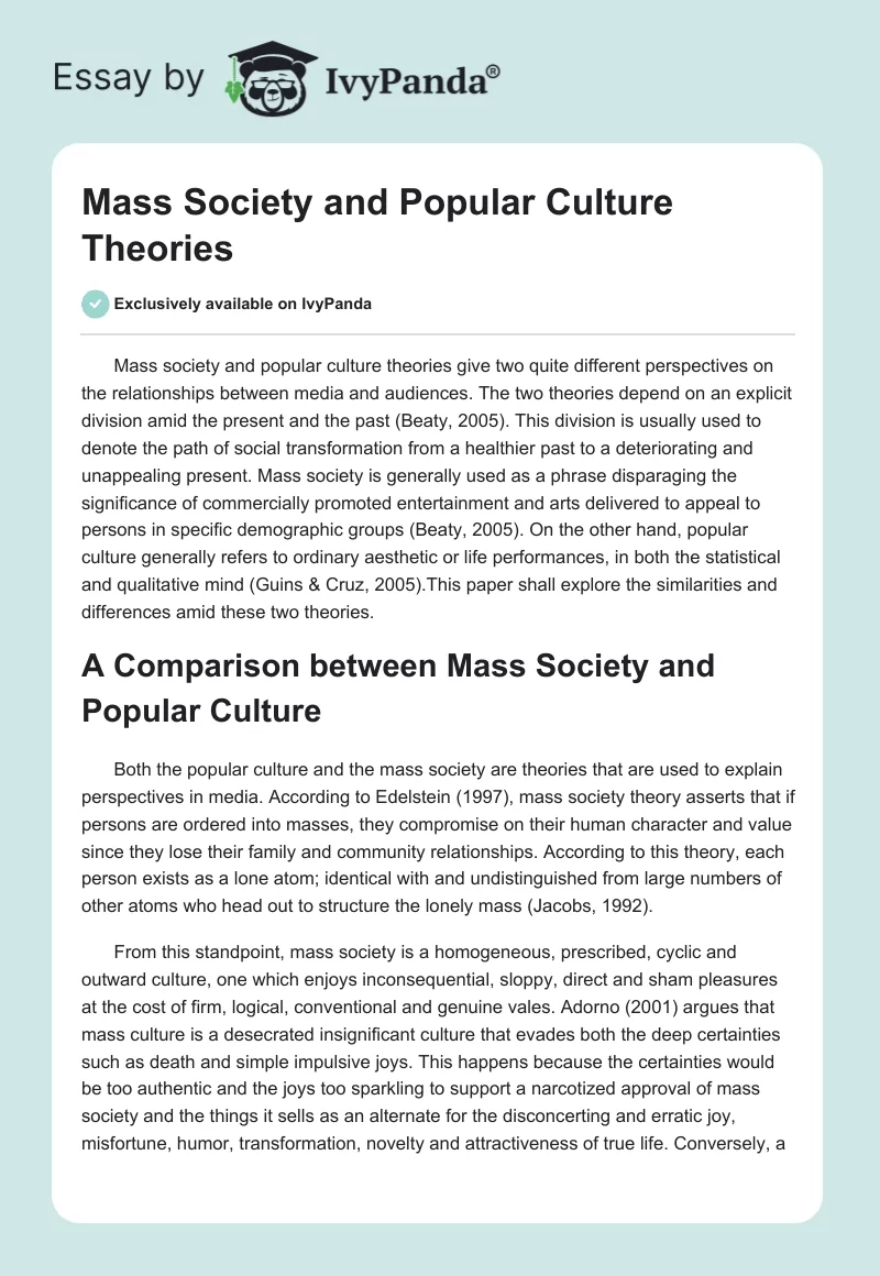 Mass Society and Popular Culture Theories. Page 1
