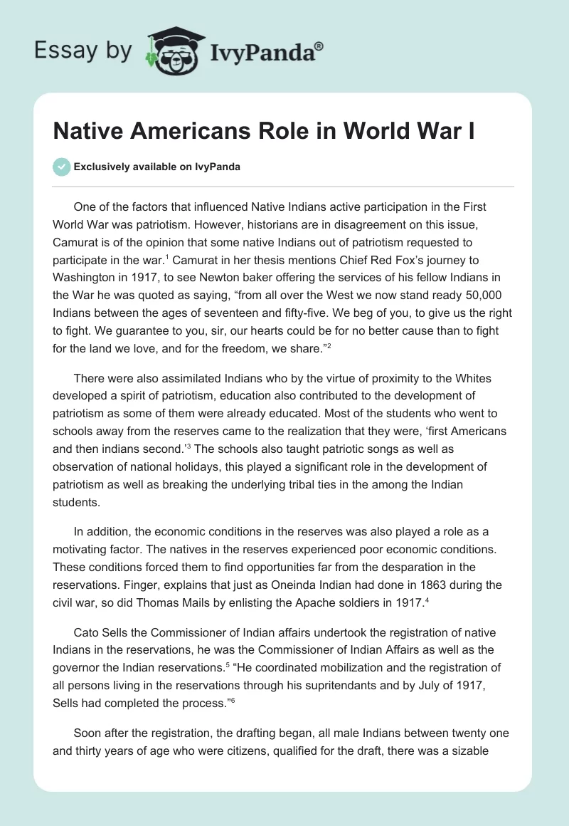 Native Americans Role in World War I. Page 1