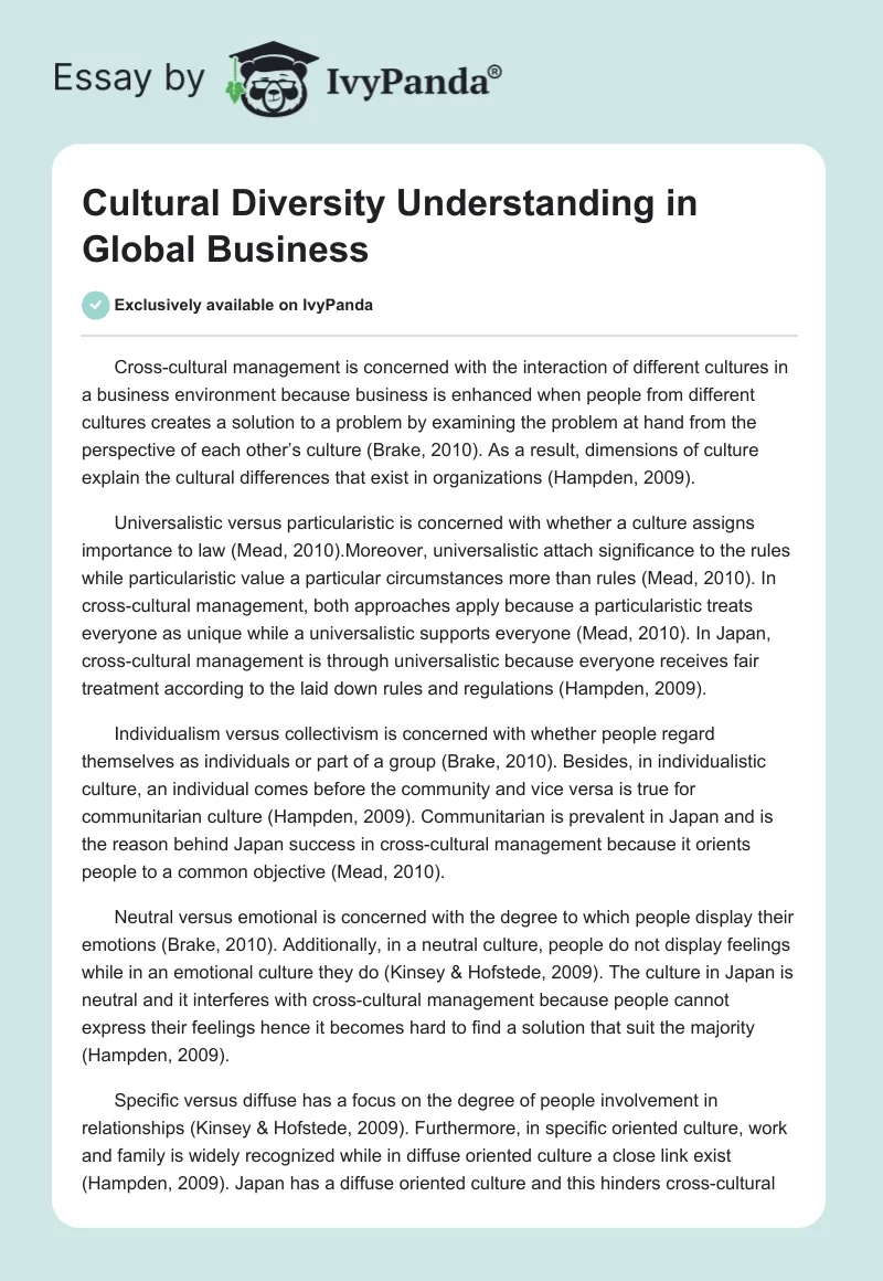 Cultural Diversity Understanding in Global Business. Page 1