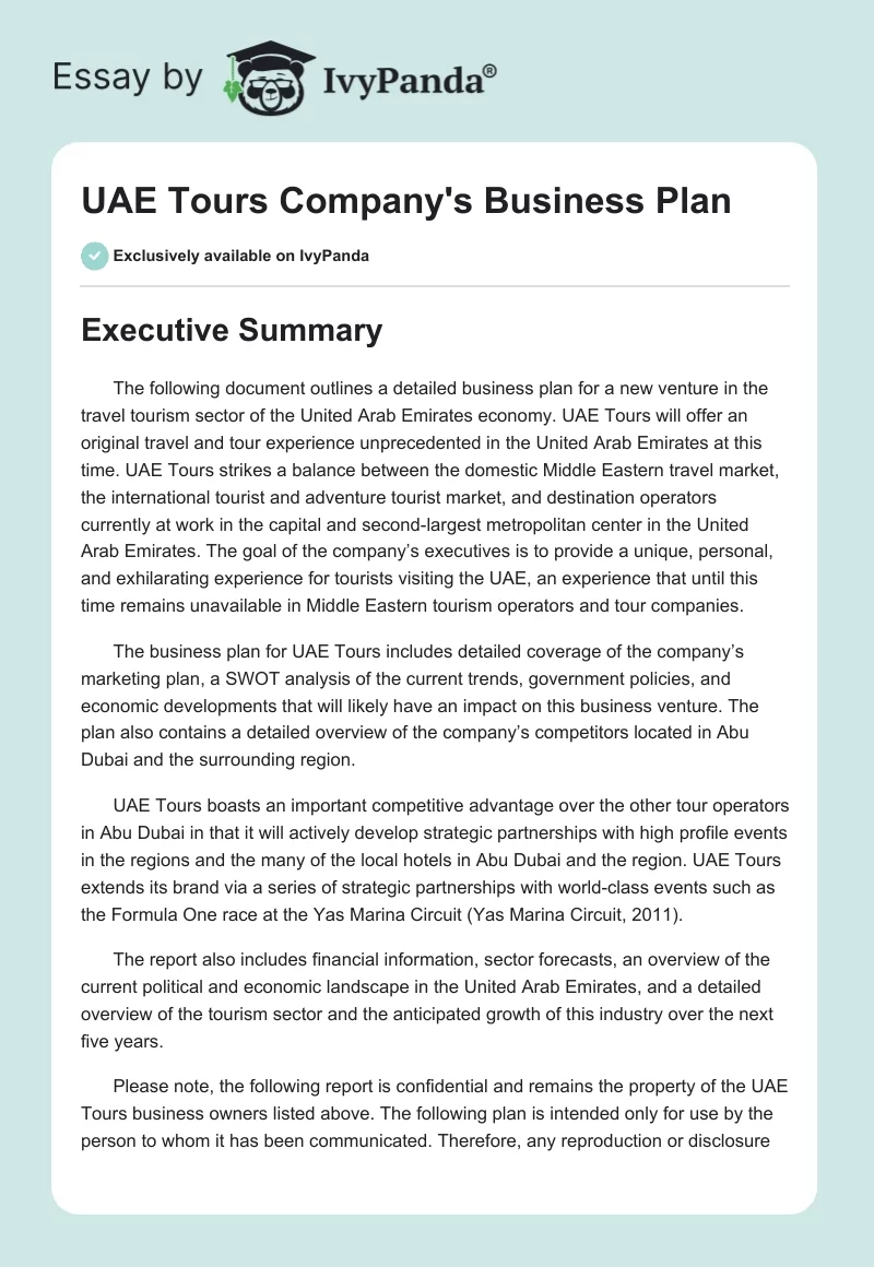 UAE Tours Company's Business Plan. Page 1
