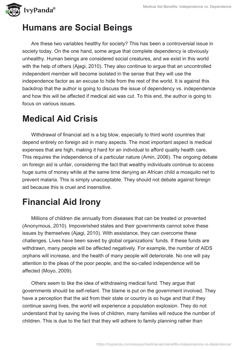 Medical Aid Benefits: Independence vs. Dependence. Page 2