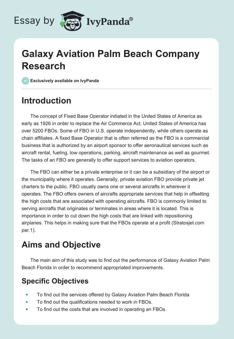 Galaxy Aviation Palm Beach Company Research. Page 1