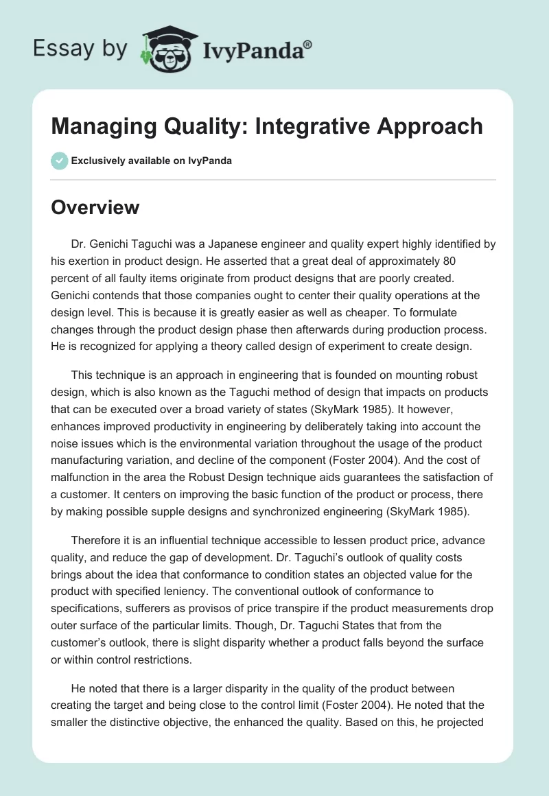 Managing Quality: Integrative Approach