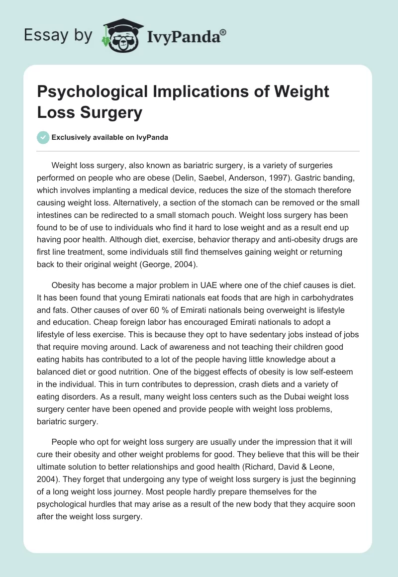 Psychological Implications of Weight Loss Surgery. Page 1