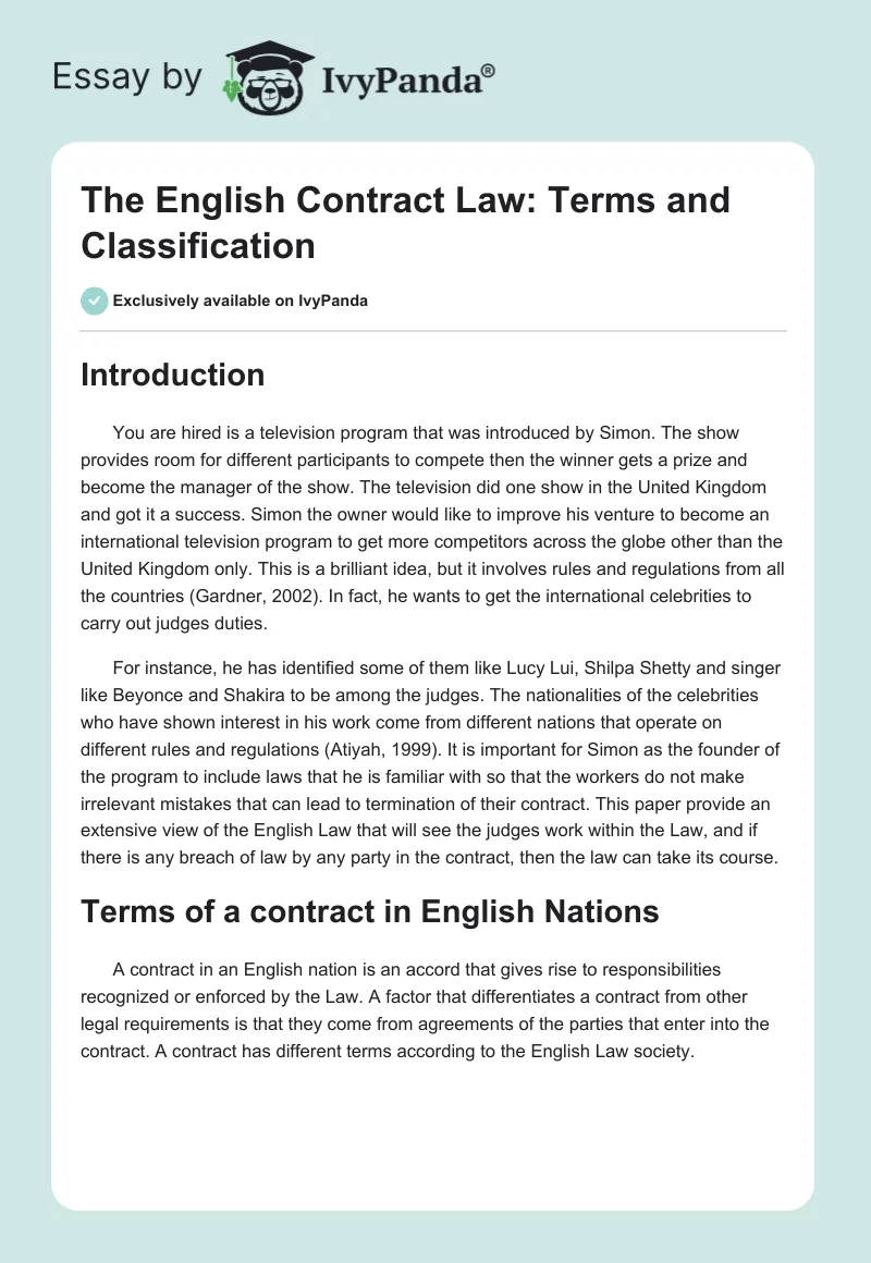 The English Contract Law: Terms and Classification. Page 1