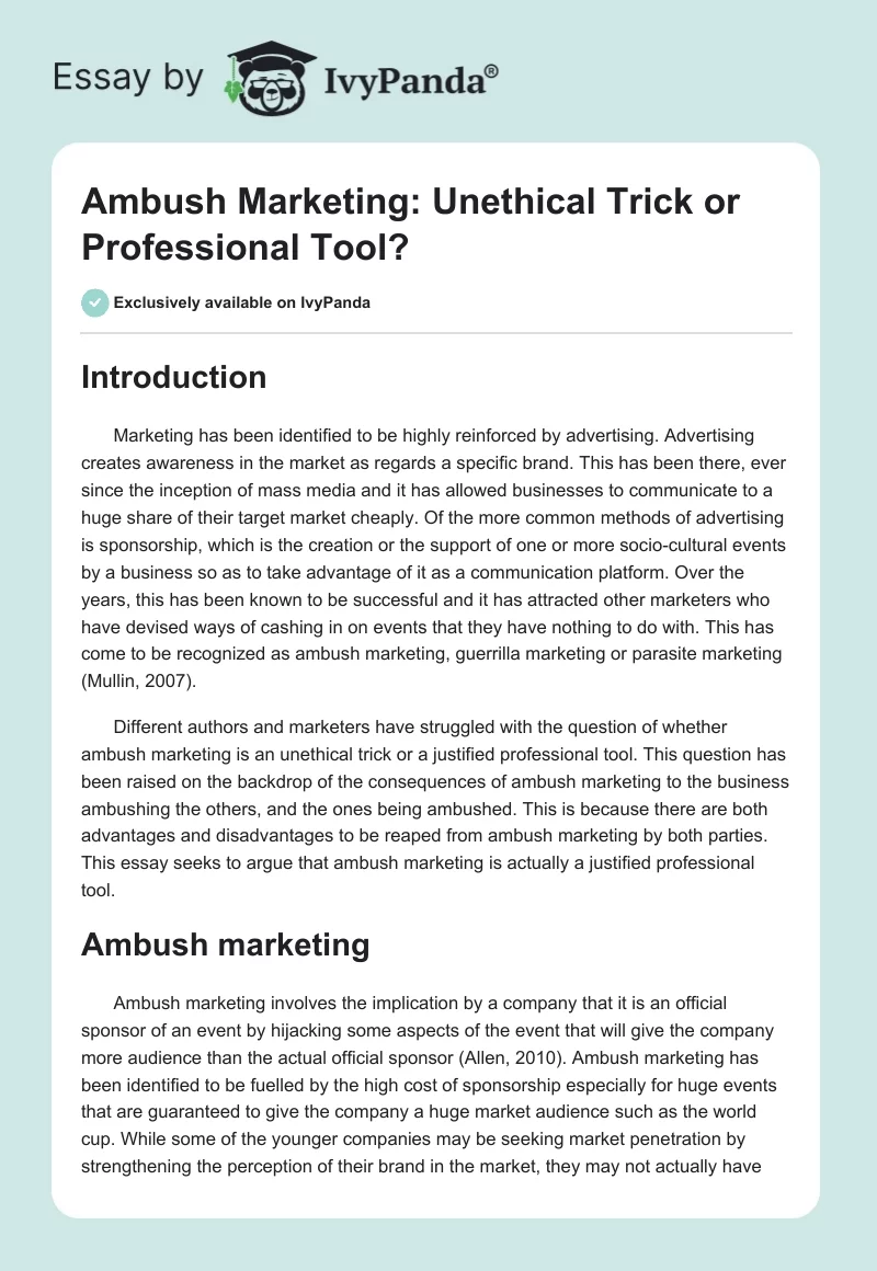 Ambush Marketing: Unethical Trick or Professional Tool?. Page 1