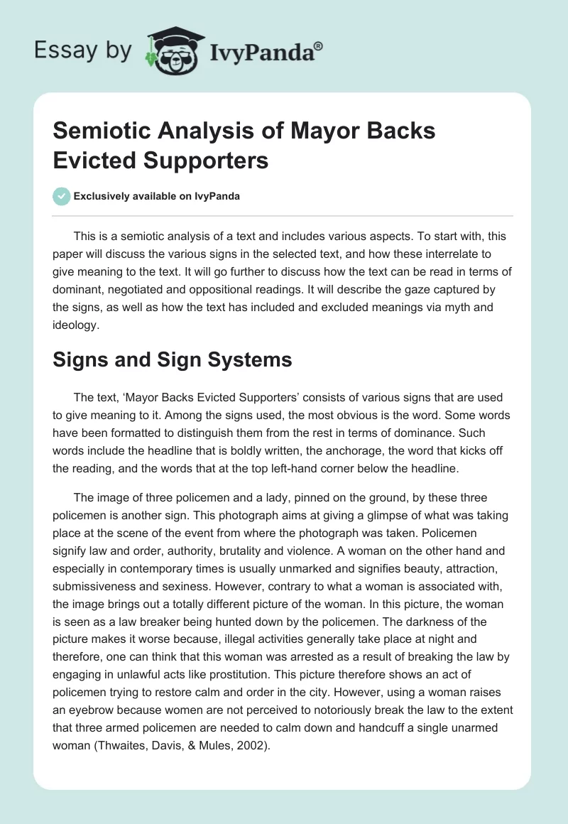 Semiotic Analysis of "Mayor Backs Evicted Supporters". Page 1