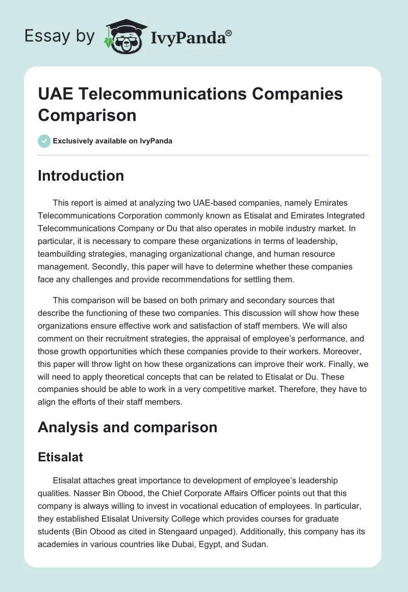 UAE Telecommunications Companies Comparison. Page 1