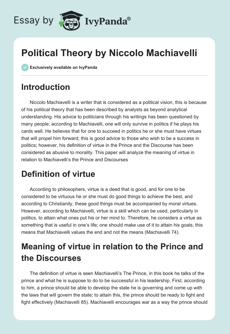 Political Theory by Niccolo Machiavelli. Page 1