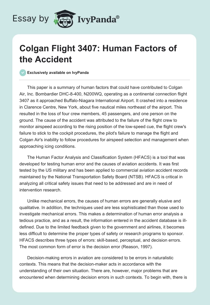 Colgan Flight 3407: Human Factors of the Accident. Page 1