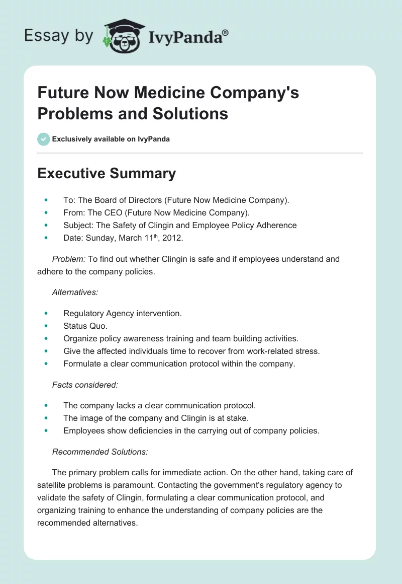 Future Now Medicine Company's Problems and Solutions. Page 1