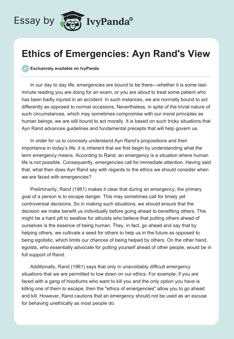 Ethics of Emergencies: Ayn Rand's View. Page 1