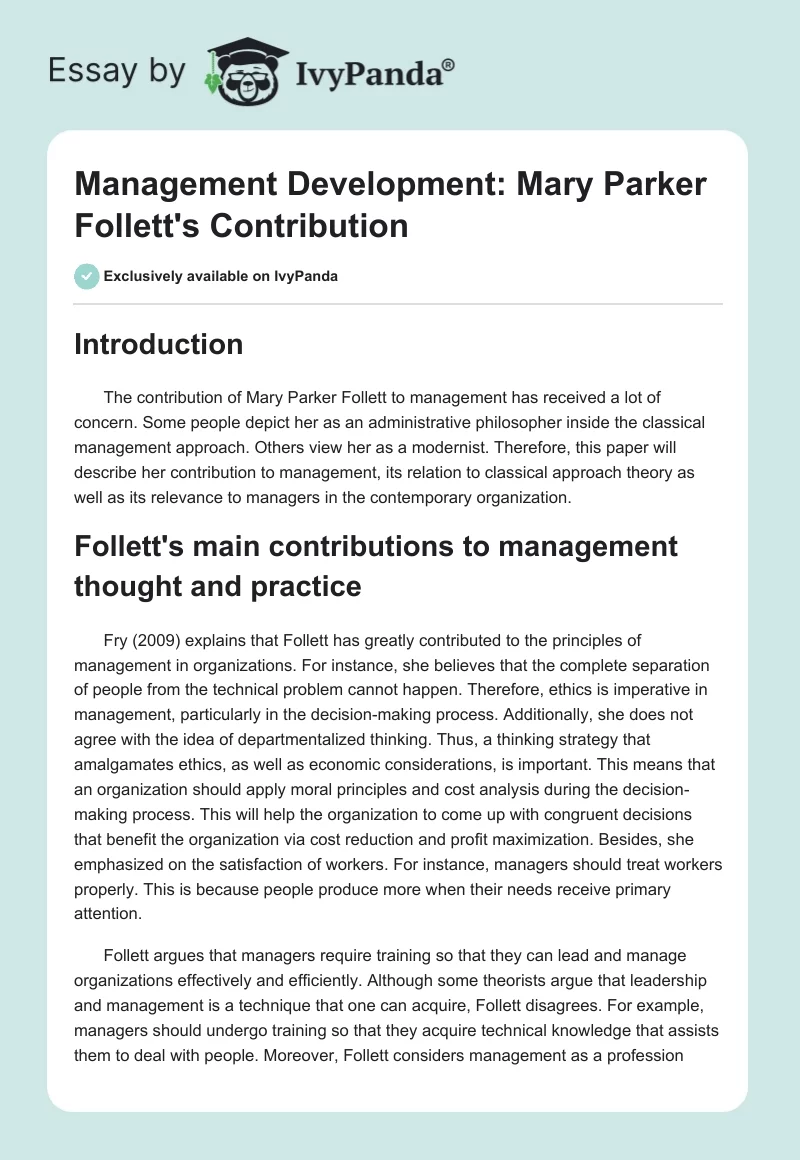 Management Development: Mary Parker Follett's Contribution. Page 1