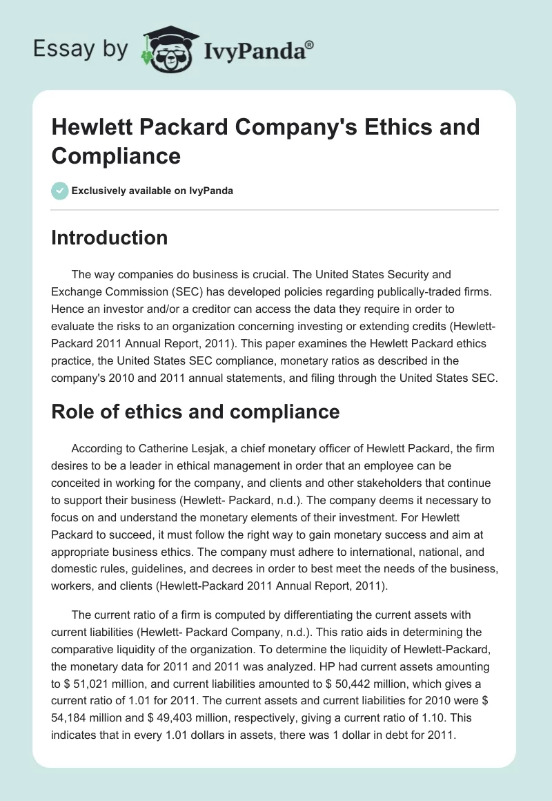 Hewlett Packard Company's Ethics and Compliance. Page 1