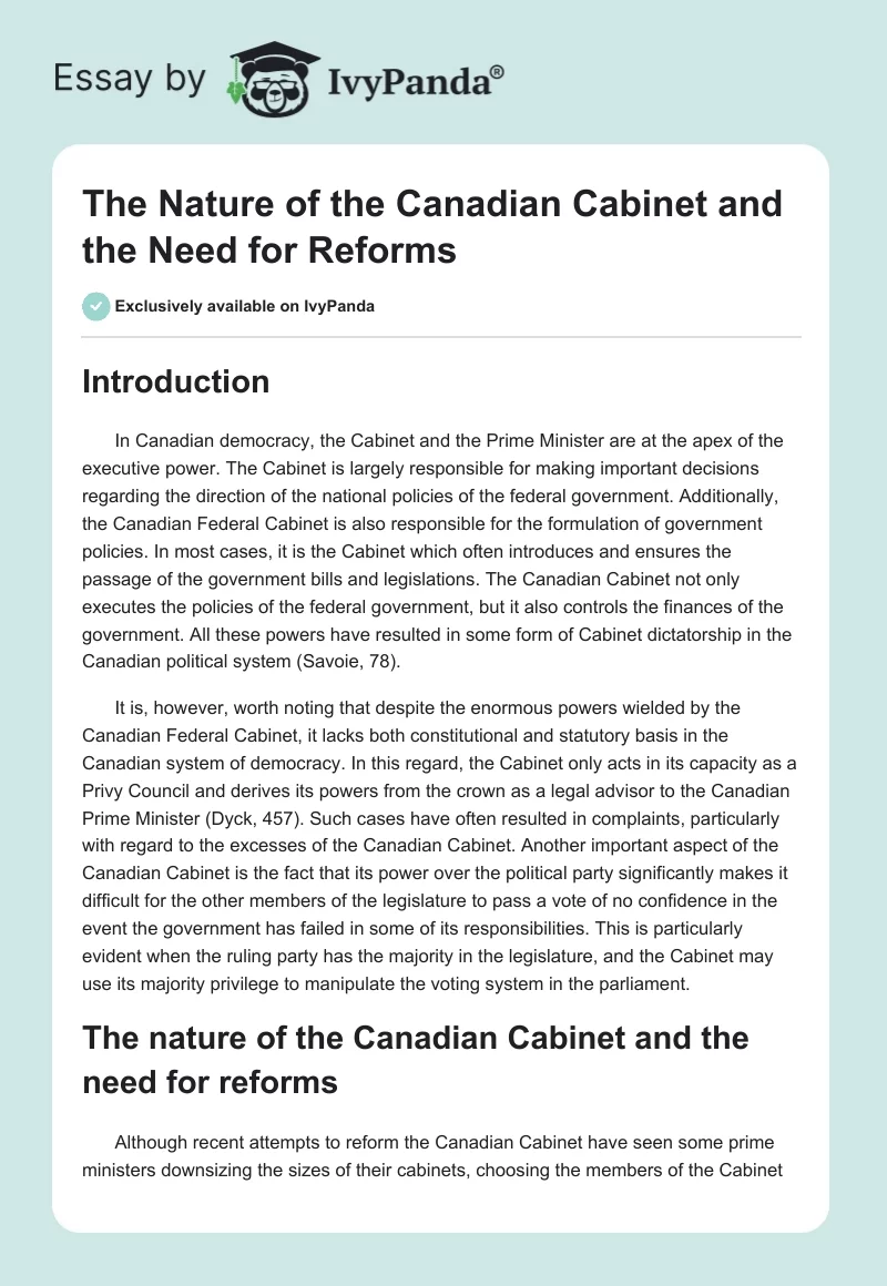 The Nature of the Canadian Cabinet and the Need for Reforms. Page 1
