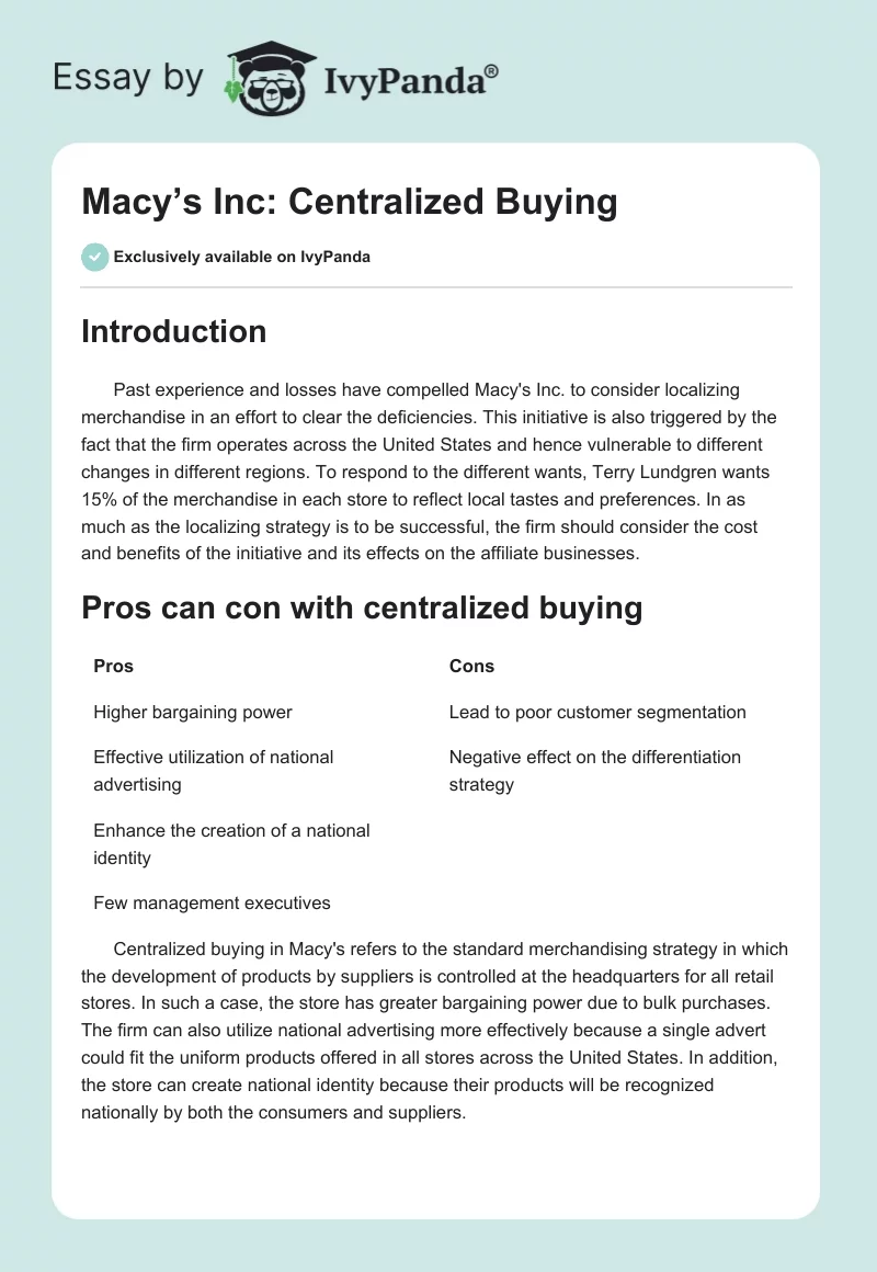 Macy’s Inc: Centralized Buying. Page 1